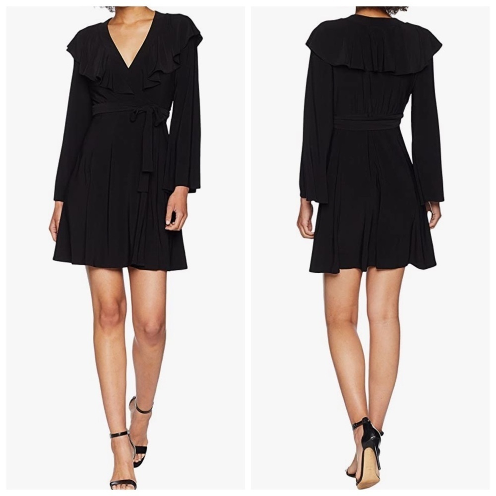 ✅ NWOT Taylor Women's Black Ruffle-Trim Bell-Sleeve Jersey Wrap Dress Size 6